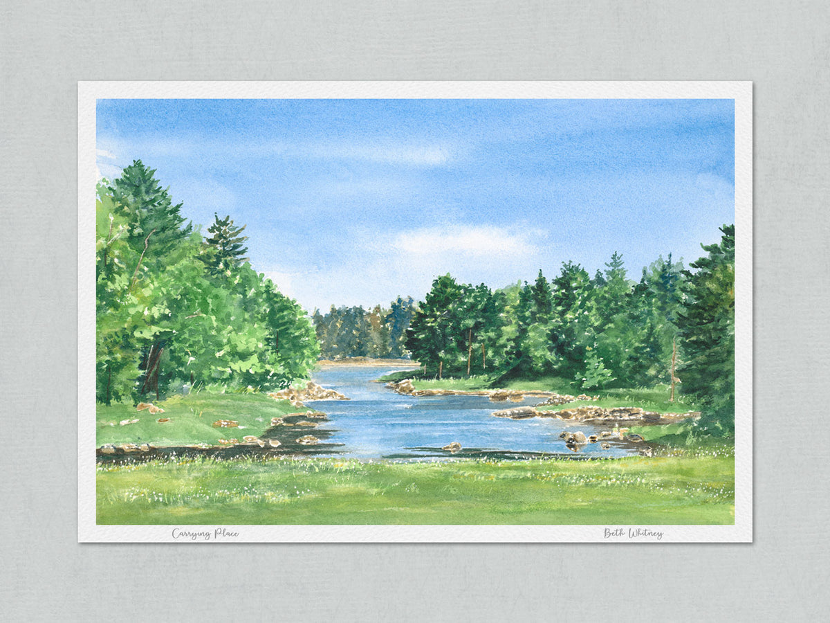 Unmatted archival watercolor print of Carrying Place, historic portage stream near Machias, Maine, on gray background.