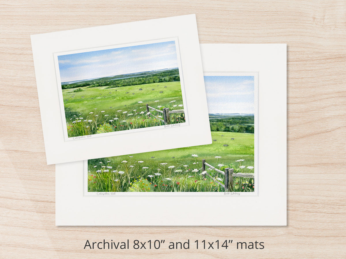 Archival watercolor prints of Caterpillar Hill, Sedgwick, Maine, shown in 8x10 and 11x14 mat sizes.