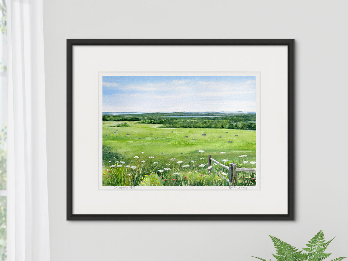 Framed watercolor print of Caterpillar Hill, Deer Isle view, in a black frame on a neutral wall.