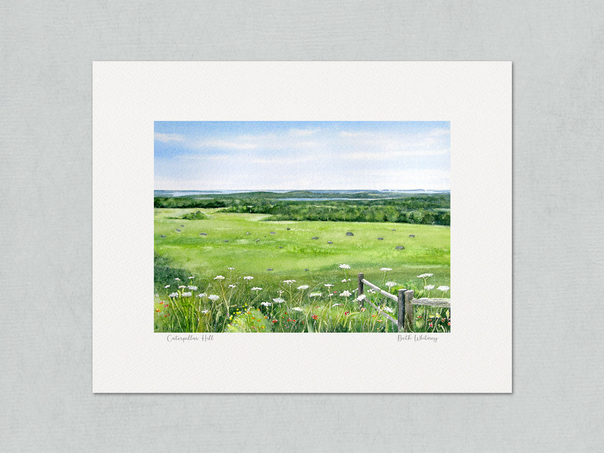 Unmatted archival watercolor print of Caterpillar Hill, Deer Isle and Eggemoggin Reach view, on gray background.