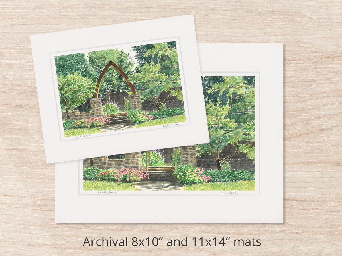 Archival watercolor prints of Chapel Garden, Vesper Hill, Rockport, Maine, shown in 8x10 and 11x14 mat sizes.