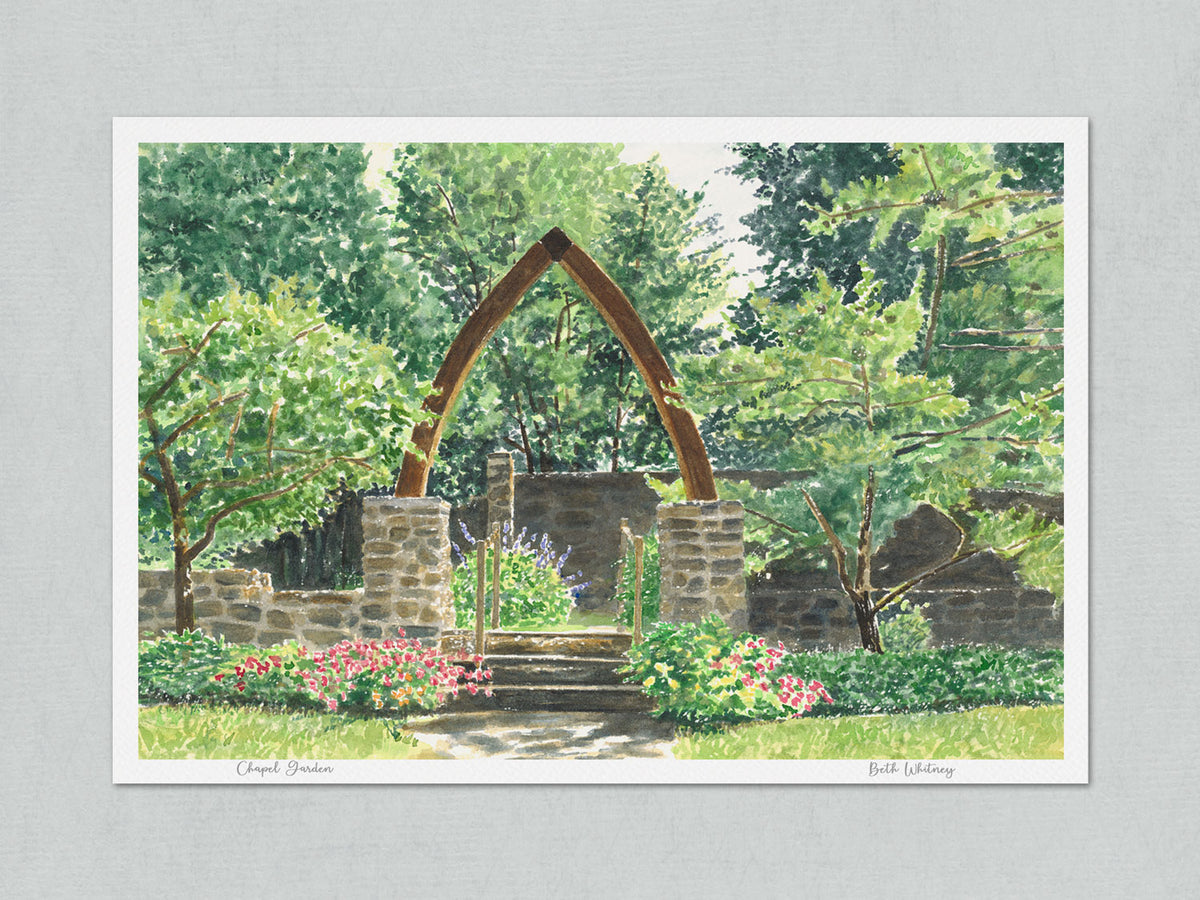 Unmatted archival watercolor print of Chapel Garden, Vesper Hill Children's Chapel, Rockport, Maine, on gray background.