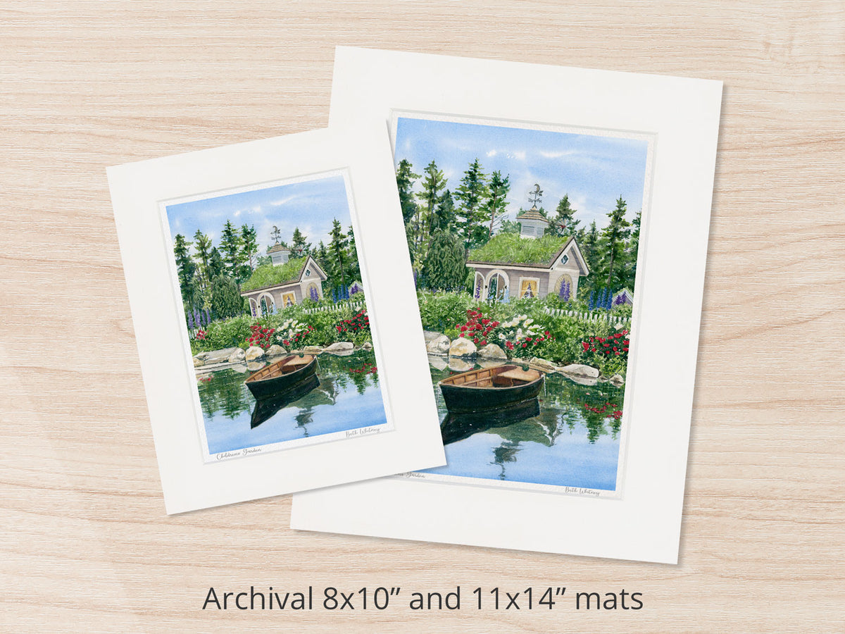 Archival watercolor prints of Children's Garden, Coastal Maine Botanical Gardens, shown in 8x10 and 11x14 mat sizes.