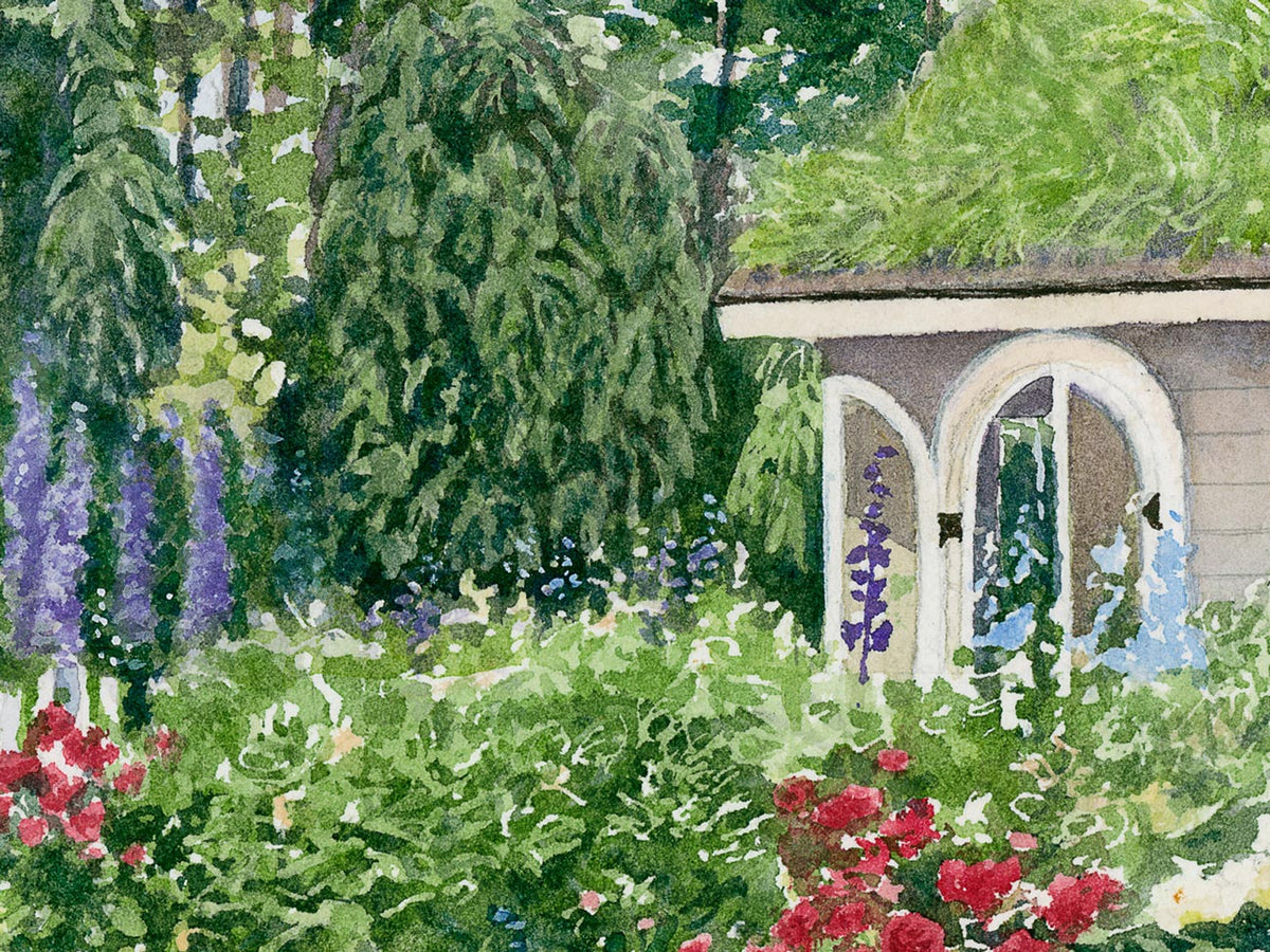 Close-up detail of original watercolor painting of Children's Garden, showing roses, delphiniums, and the playhouse at Coastal Maine Botanical Gardens.