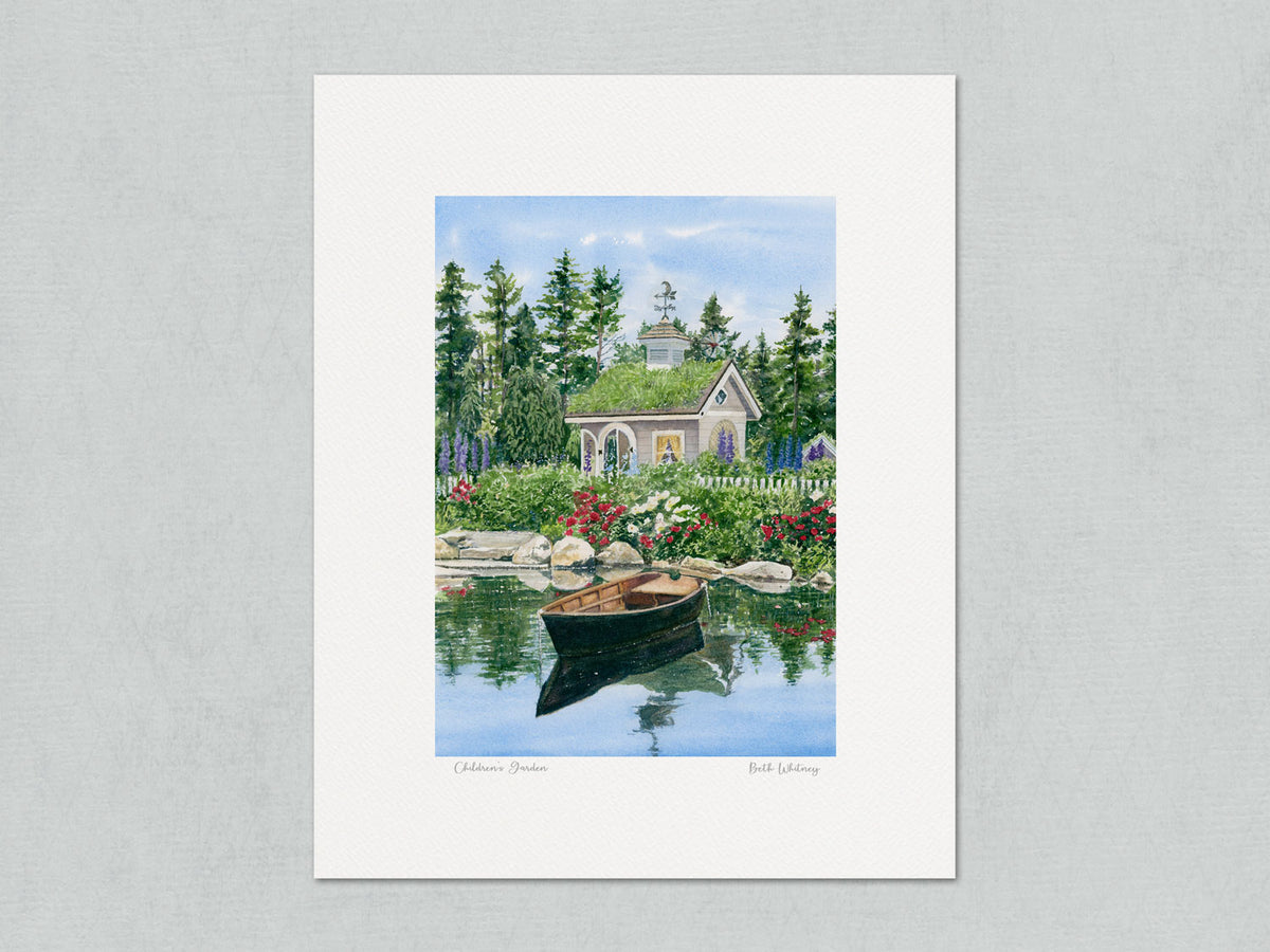 Unmatted archival watercolor print of Children's Garden, Coastal Maine Botanical Gardens, Boothbay, Maine, on gray background.