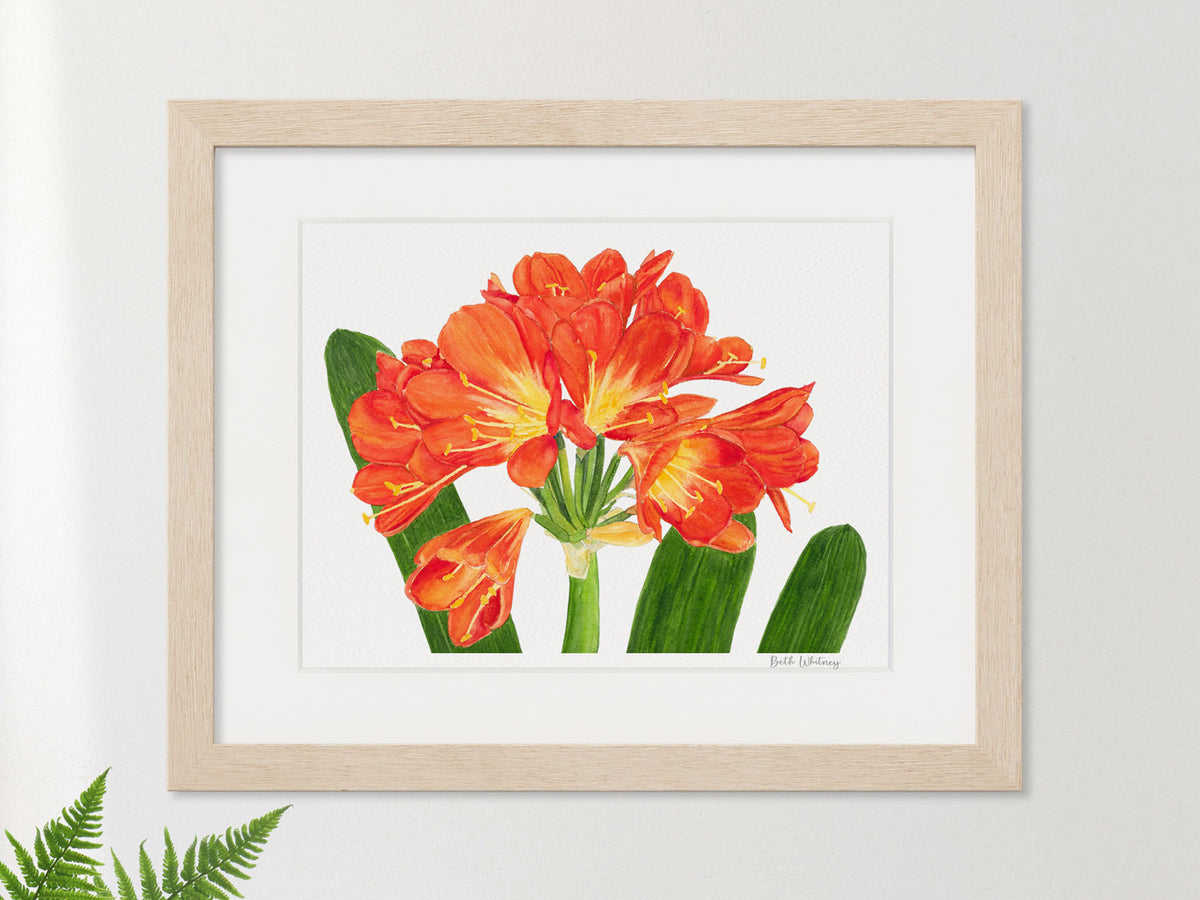 Framed watercolor print of Clivia in a warm wood frame with fern styling.