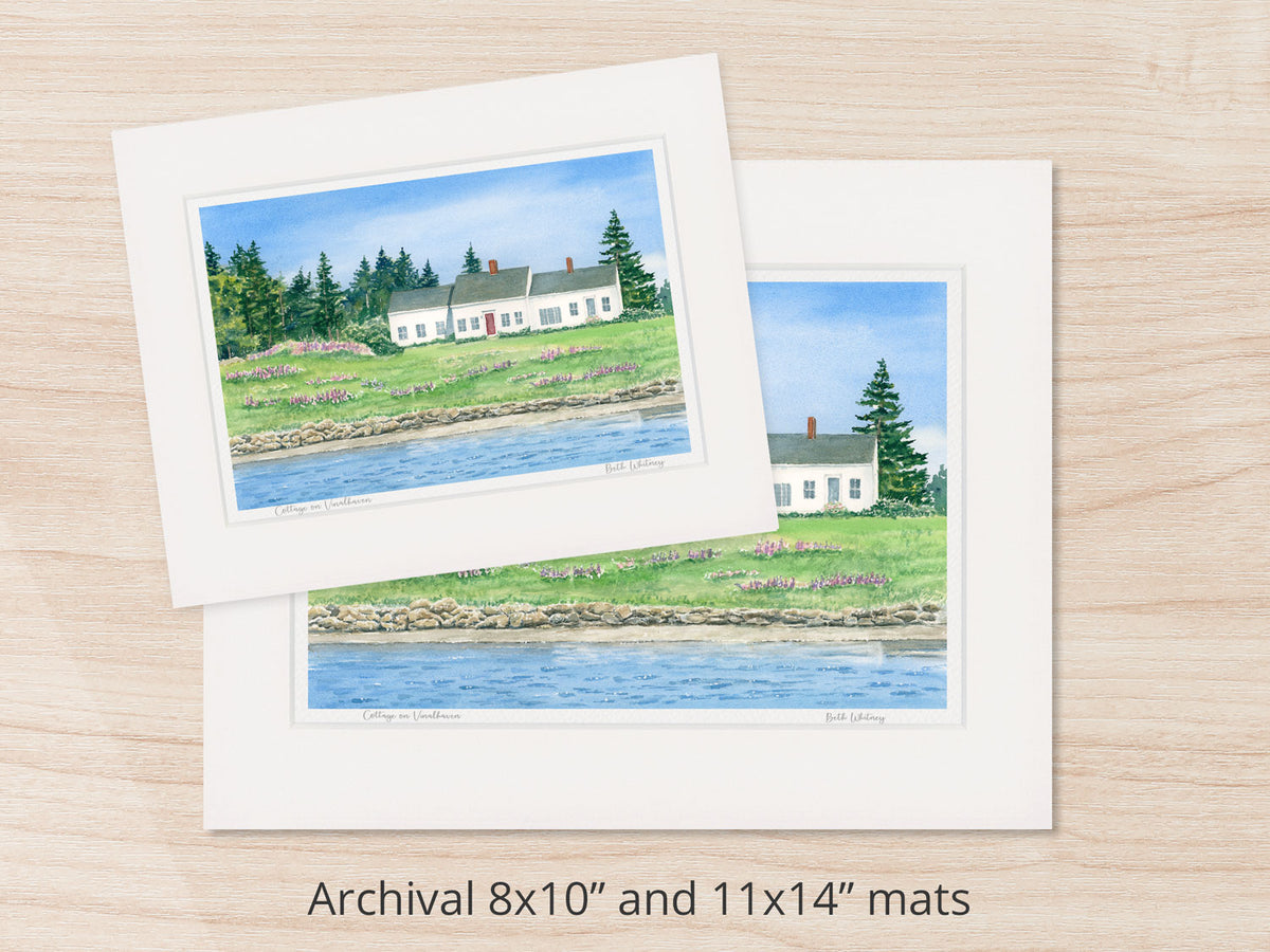 Archival watercolor prints of Cottage on Vinalhaven, shown in 8x10 and 11x14 mat sizes.