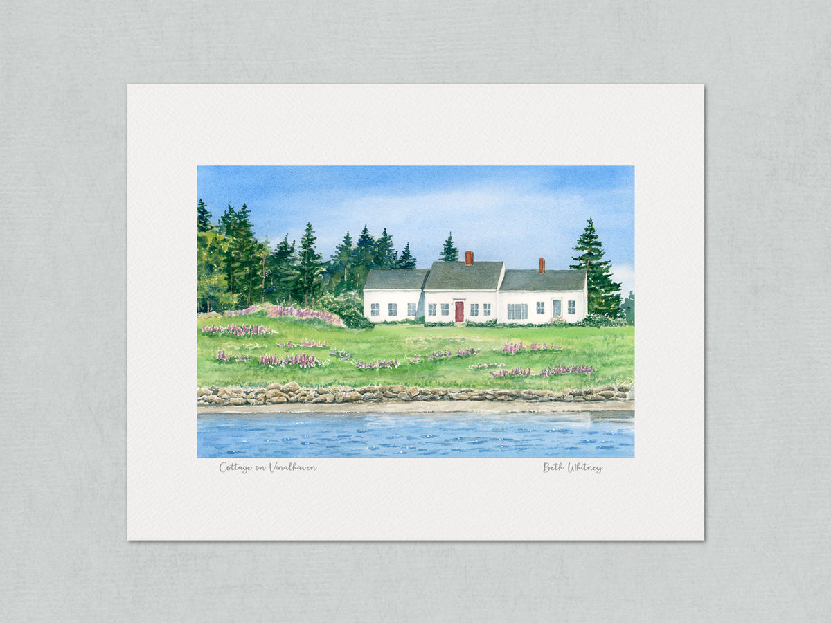 Unmatted archival watercolor print of Cottage on Vinalhaven, Maine, on gray background.