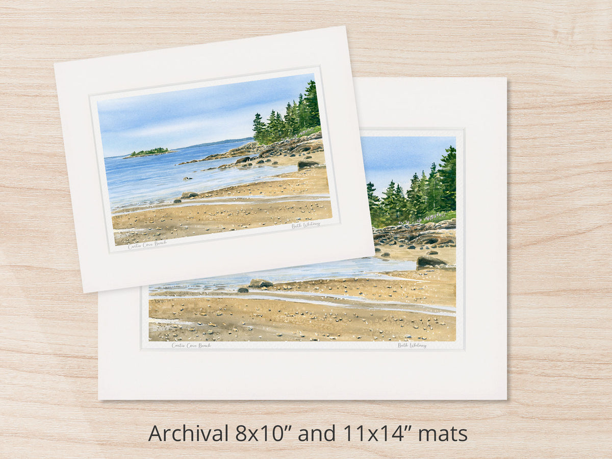 Archival watercolor prints of Curtis Cove Beach, East Blue Hill, Maine, shown in 8x10 and 11x14 mat sizes.