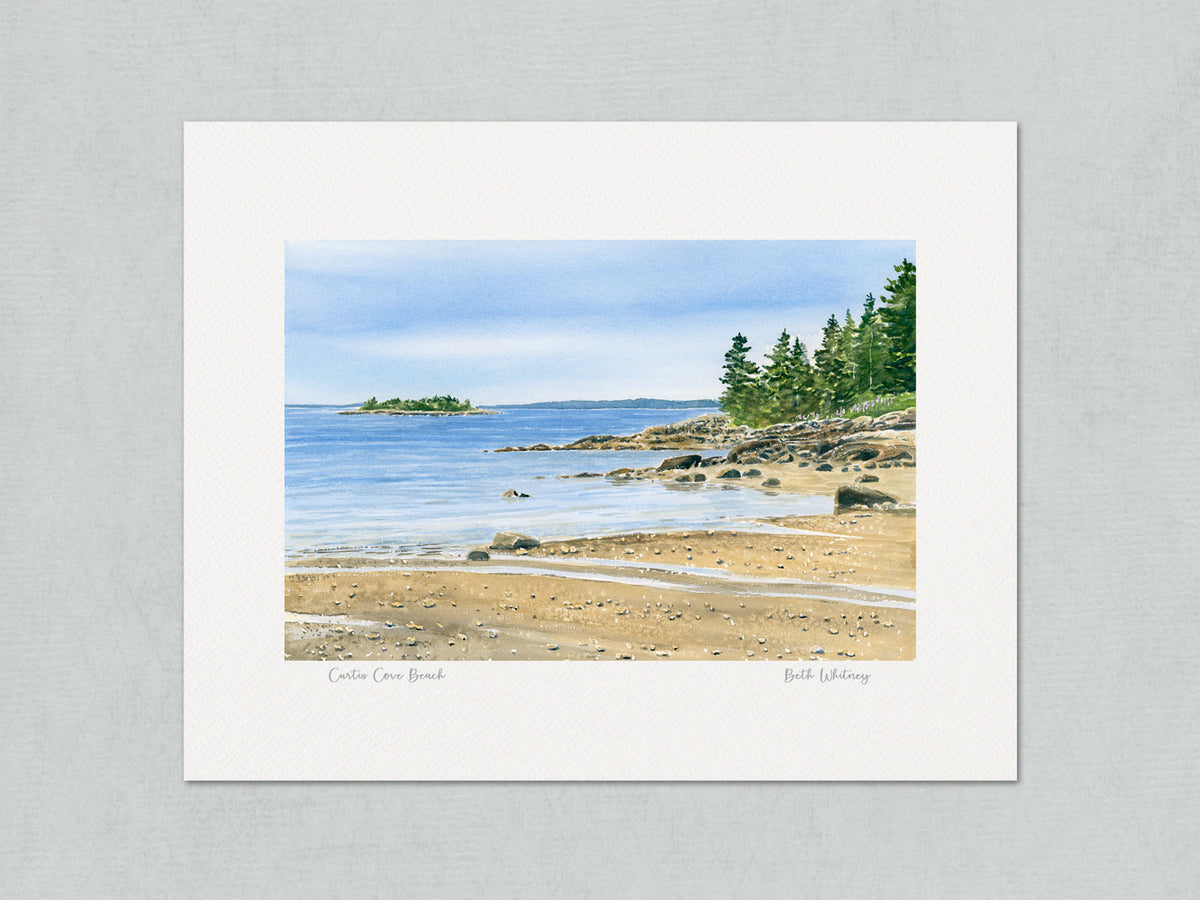 Unmatted archival watercolor print of Curtis Cove Beach, East Blue Hill, Maine, on gray background.