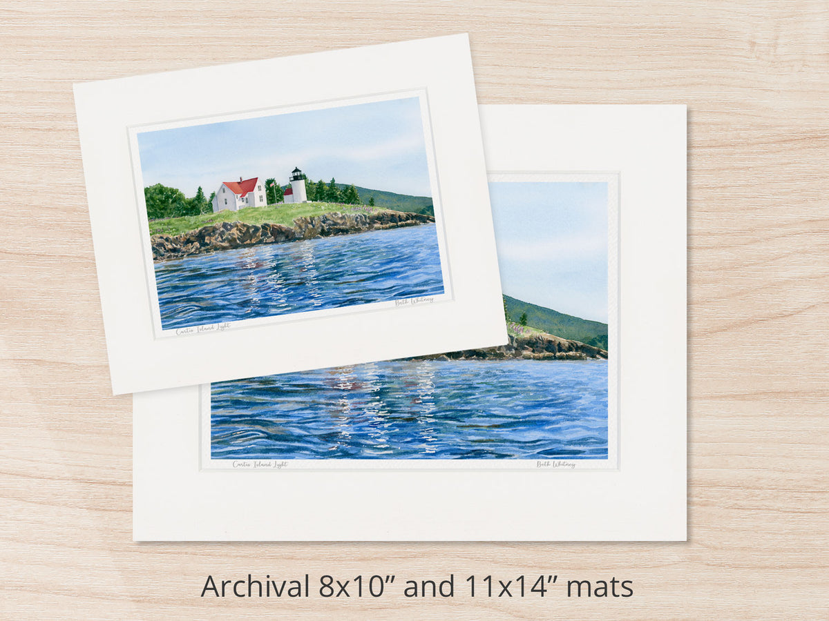 Archival watercolor prints of Curtis Island Light, Camden Harbor, shown in 8x10 and 11x14 mat sizes.