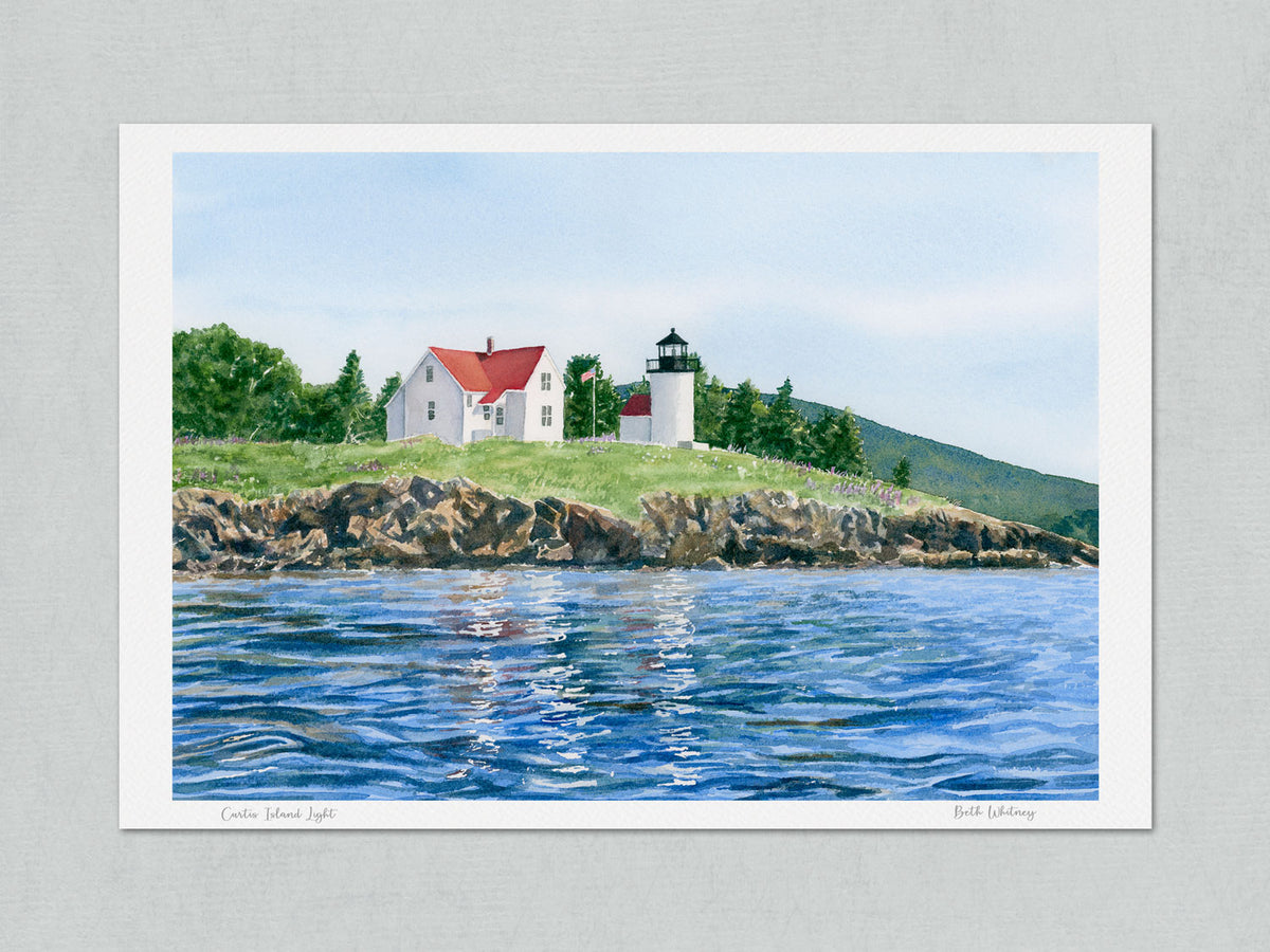 Unmatted archival watercolor print of Curtis Island Light, Camden Harbor, Maine, on gray background.