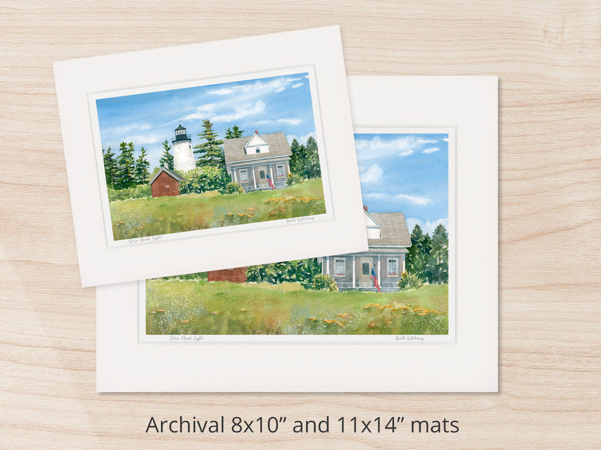 Archival watercolor prints of Dice Head Light, Castine, Maine, shown in 8x10 and 11x14 mat sizes.