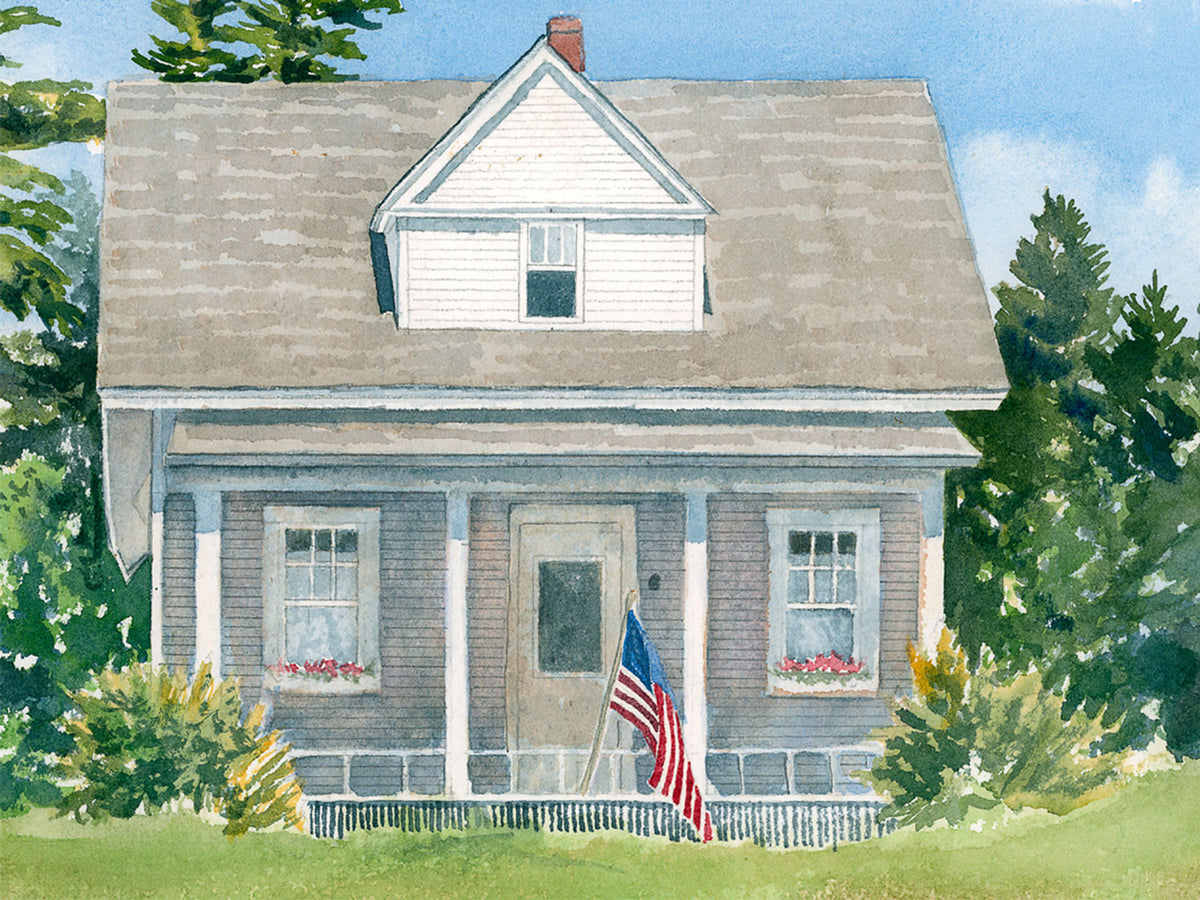 Close-up detail of original watercolor painting of Dice Head Light, showing the keeper's house, Castine, Maine.