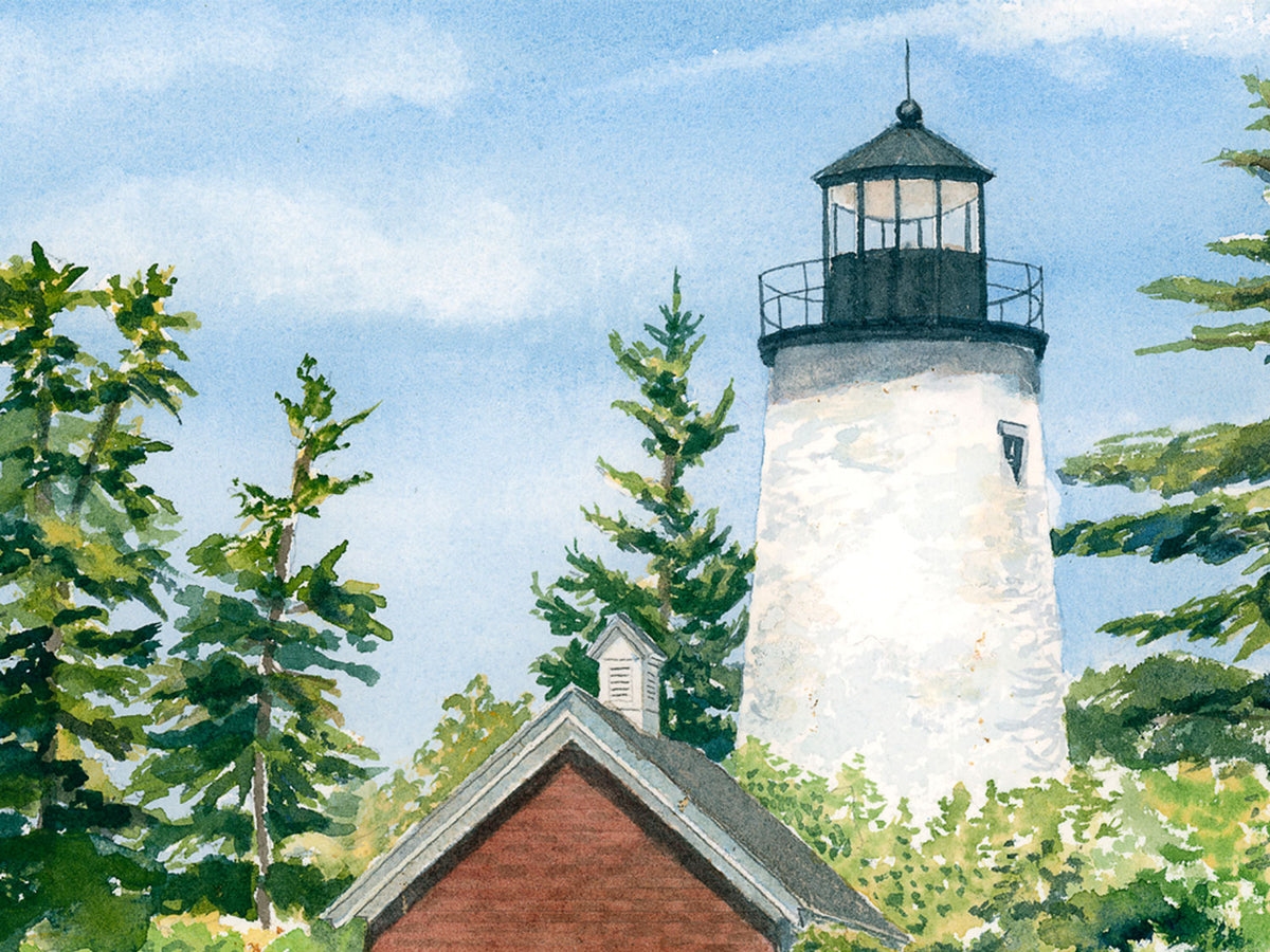 Close-up detail of original watercolor painting of Dice Head Light, showing the lighthouse tower and surrounding trees.