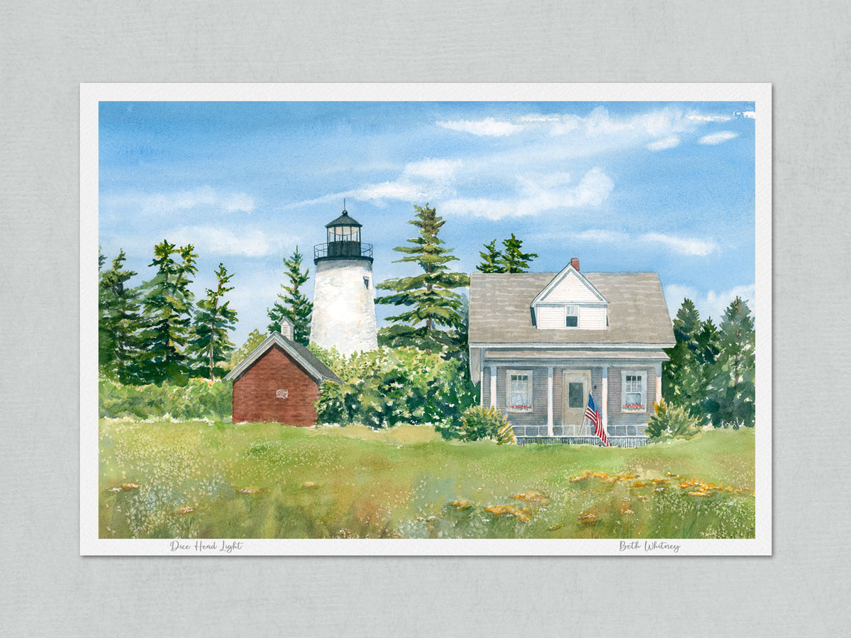 Unmatted archival watercolor print of Dice Head Light, Castine, Maine, on gray background.