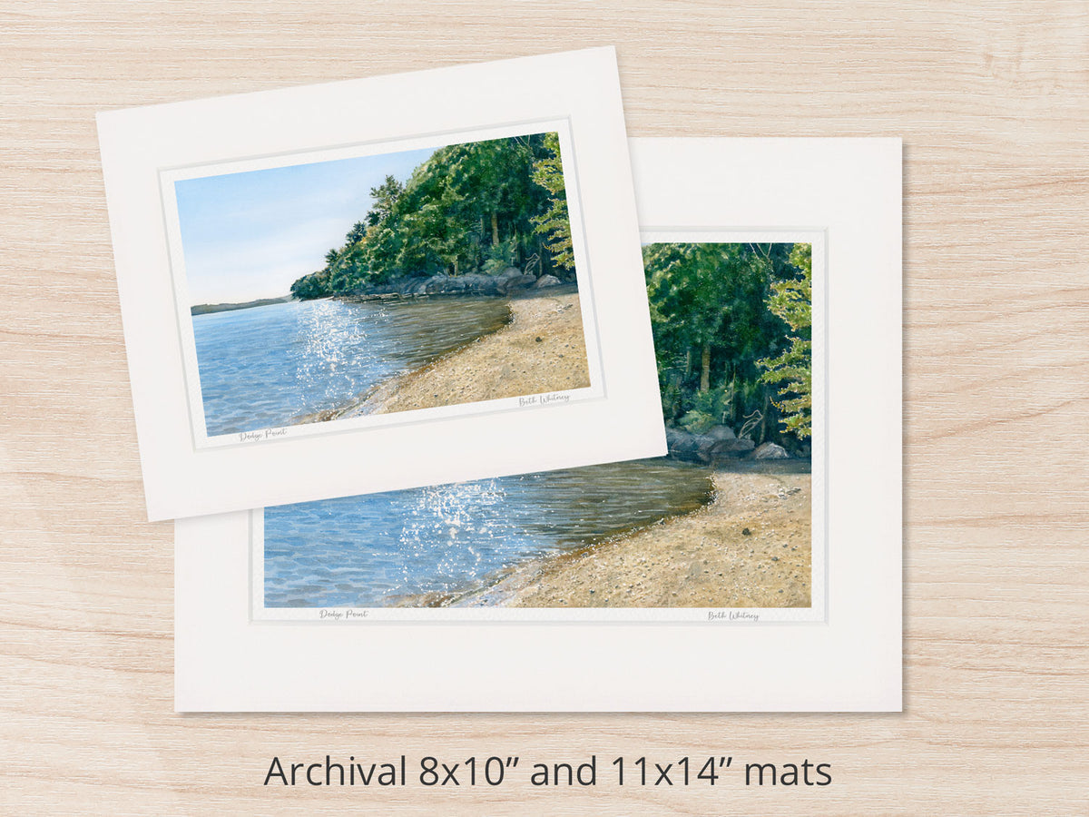 Archival watercolor prints of Dodge Point, Damariscotta River, shown in 8x10 and 11x14 mat sizes.
