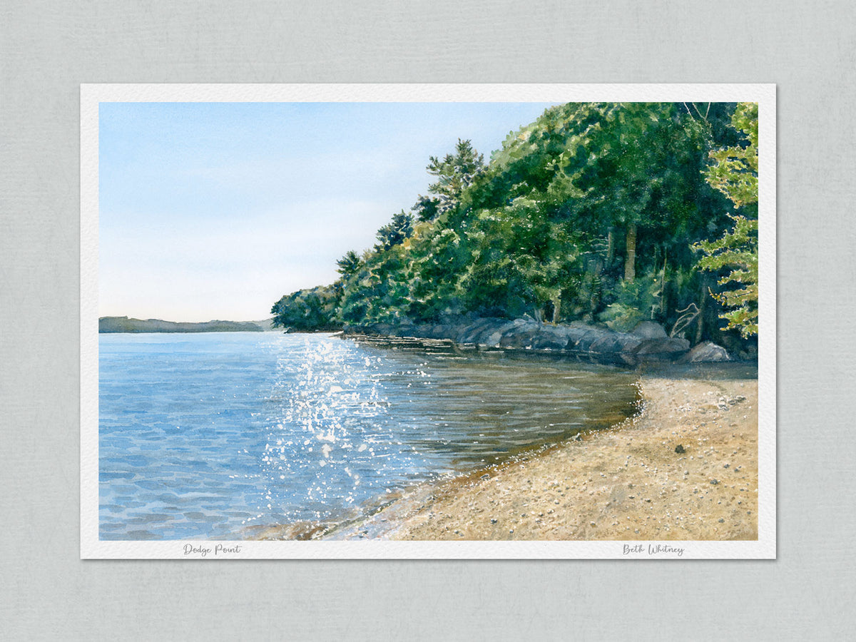 Unmatted archival watercolor print of Dodge Point Preserve, Newcastle, Maine, on gray background.