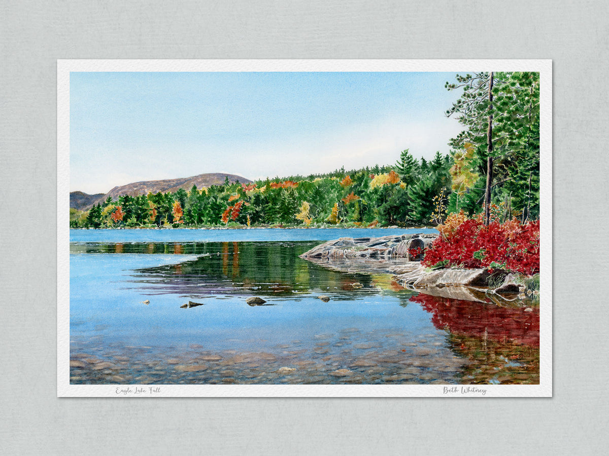Unmatted archival watercolor print of Eagle Lake Fall, Acadia National Park, Maine, on gray background.