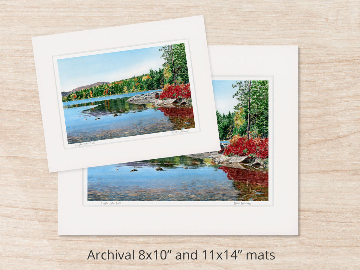 Archival watercolor prints of Eagle Lake Fall, Acadia National Park, shown in 8x10 and 11x14 mat sizes.