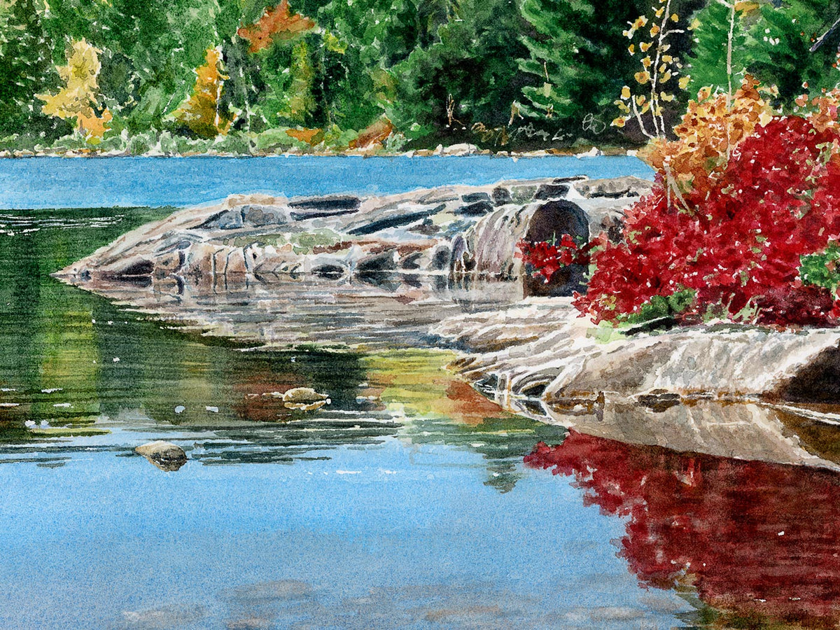 Close-up detail of original watercolor painting of Eagle Lake Fall, showing brushstrokes and texture in the vibrant foliage and water reflections.