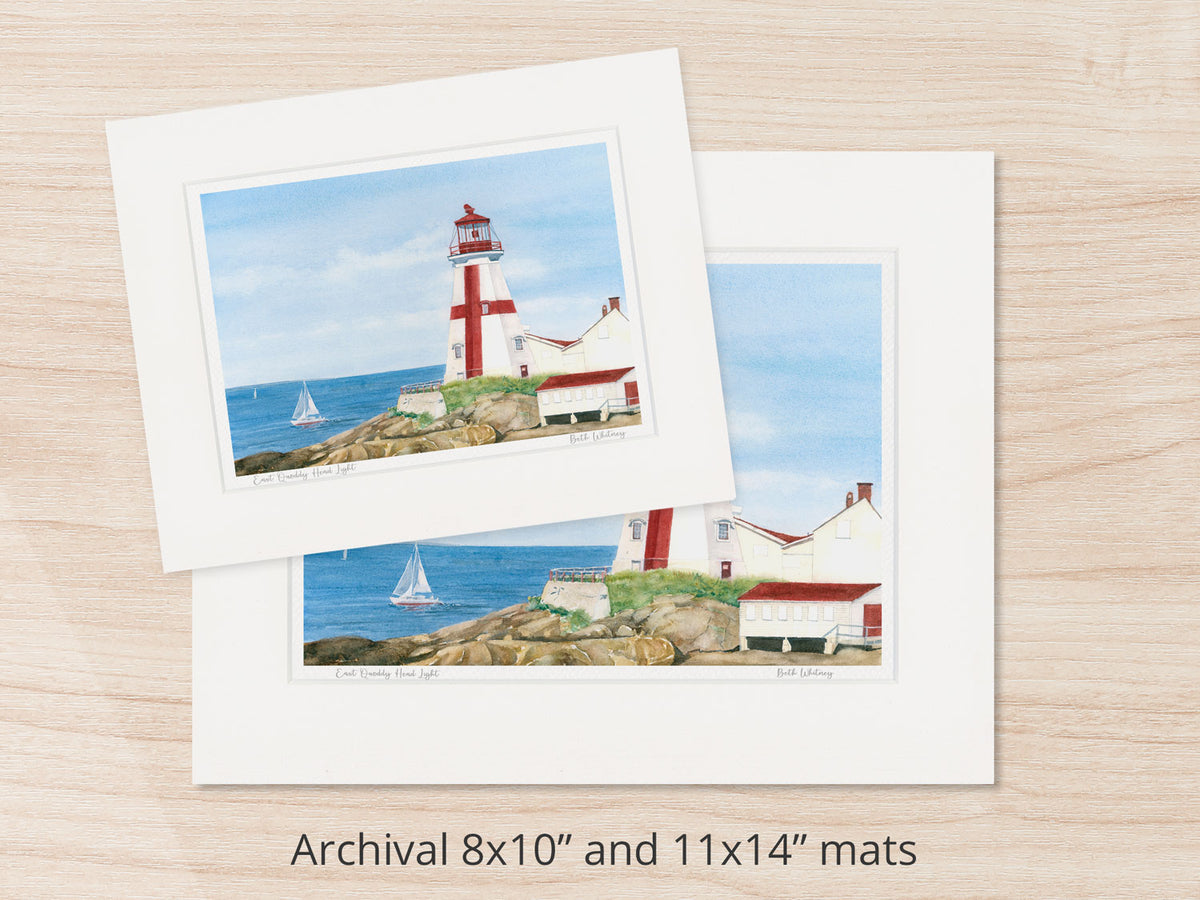 Archival watercolor prints of East Quoddy Head Light, Campobello Island, shown in 8x10 and 11x14 mat sizes.
