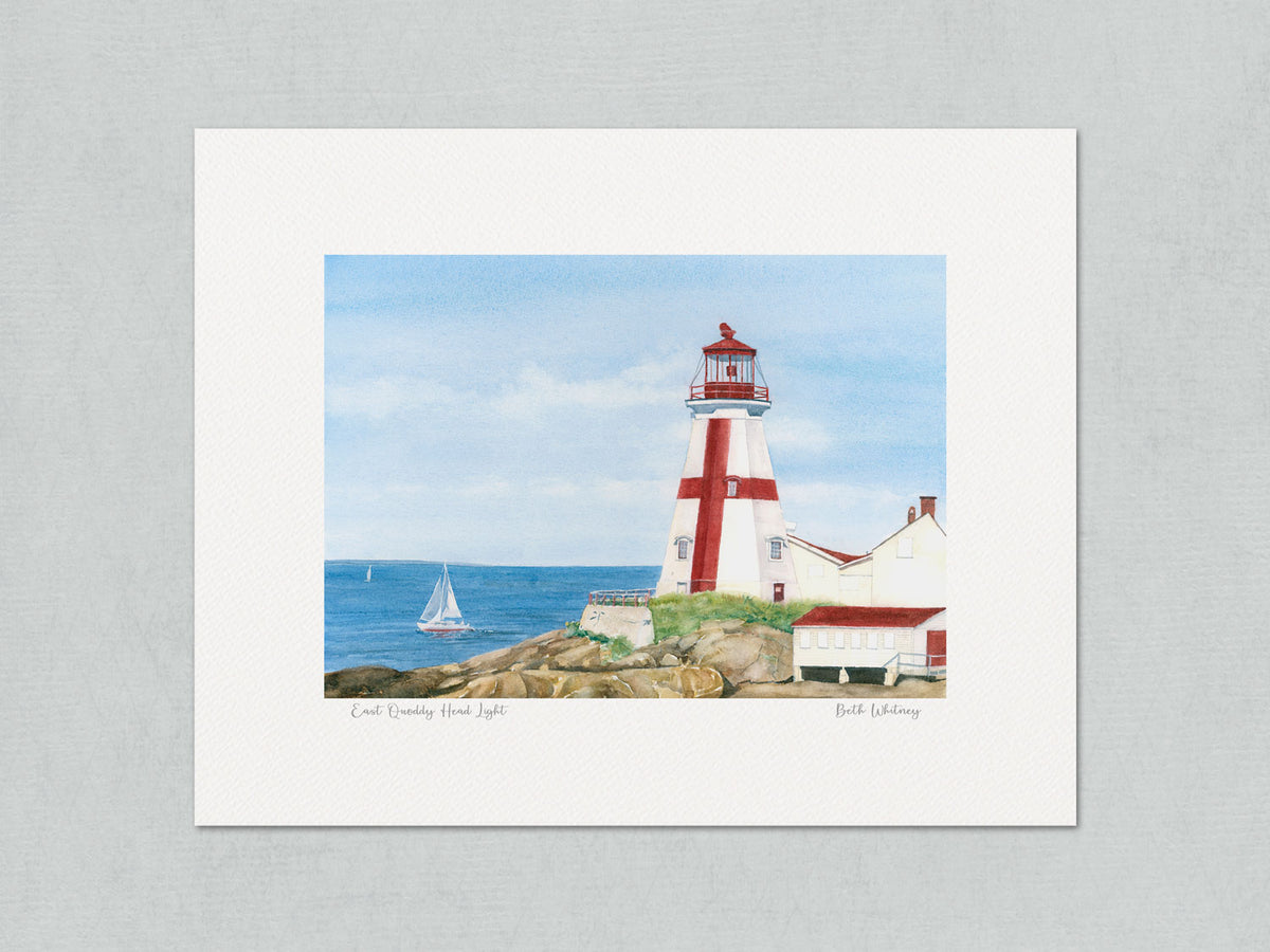 Unmatted archival watercolor print of East Quoddy Head Light, Campobello Island, New Brunswick, on gray background.