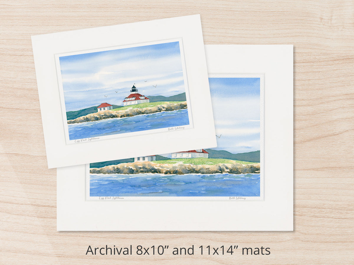Archival watercolor prints of Egg Rock Lighthouse, Frenchman's Bay, shown in 8x10 and 11x14 mat sizes.