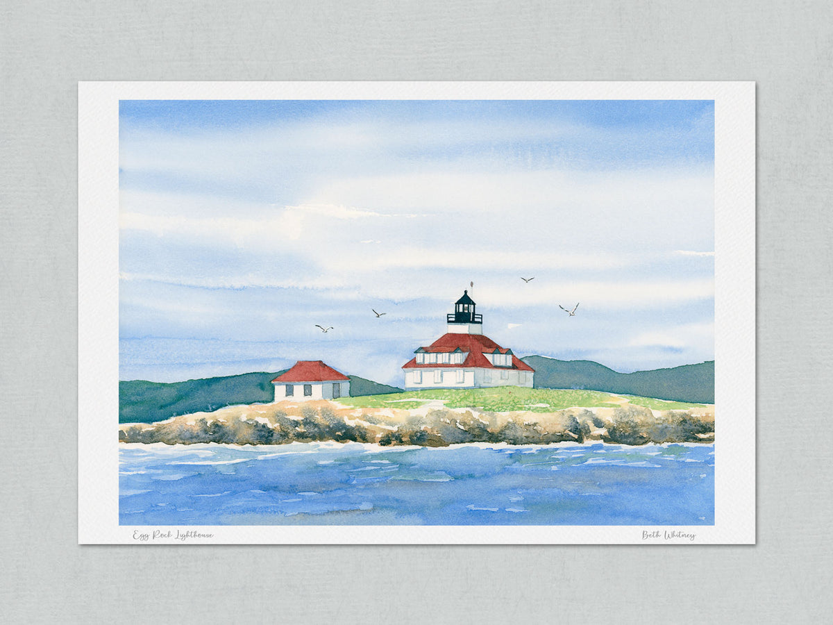 Unmatted archival watercolor print of Egg Rock Lighthouse, Frenchman's Bay, Maine, on gray background.