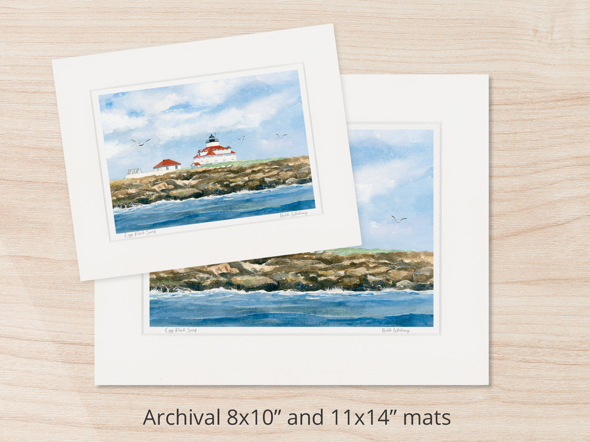 Archival watercolor prints of Egg Rock Surf, Bar Harbor, Maine, shown in 8x10 and 11x14 mat sizes.