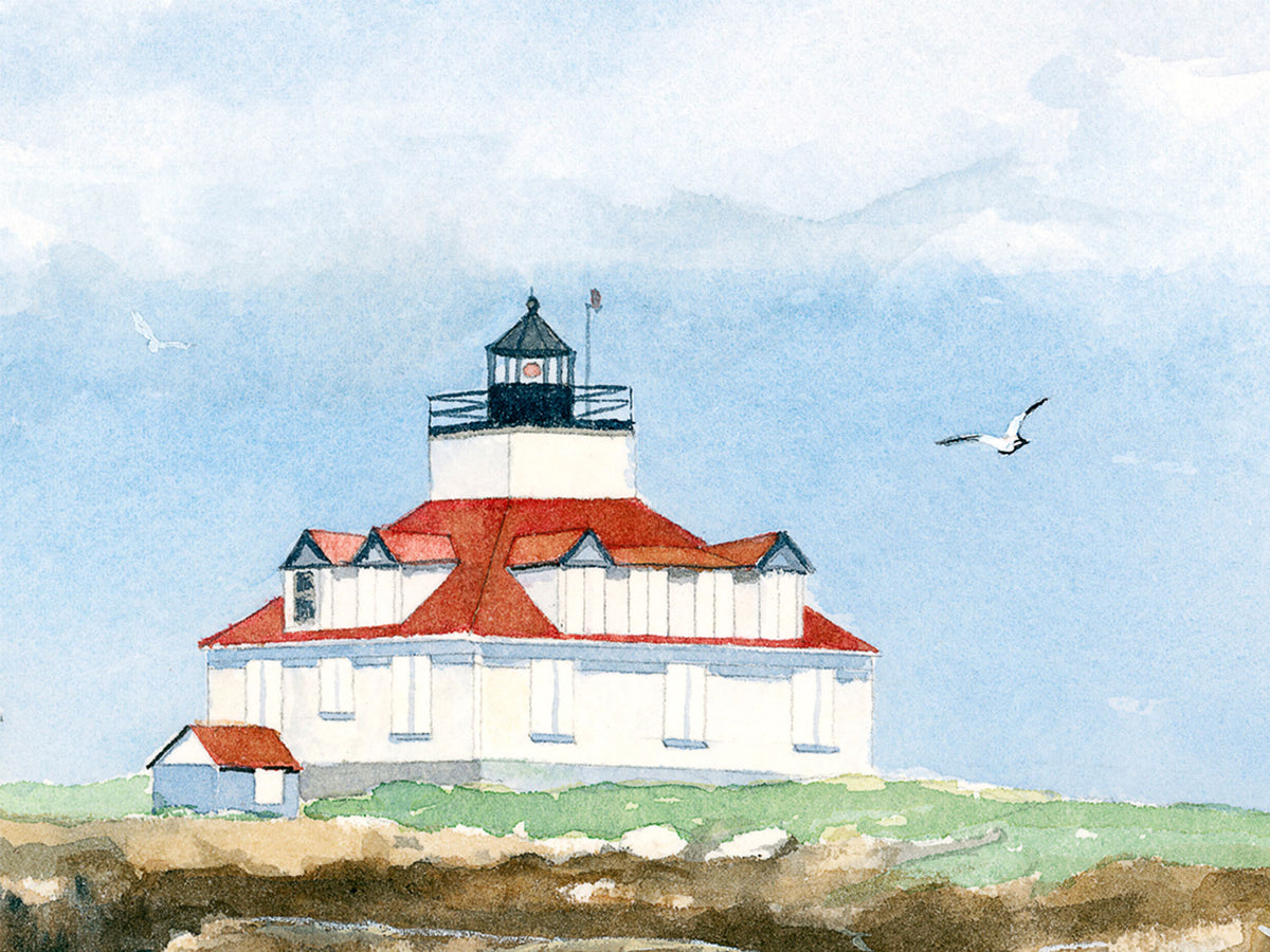 Close-up detail of original watercolor painting of Egg Rock Surf, showing the red and white lighthouse and crashing waves.