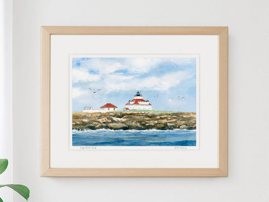 Framed watercolor print of Egg Rock Surf, Bar Harbor, Maine, in a warm wood frame on a neutral wall.