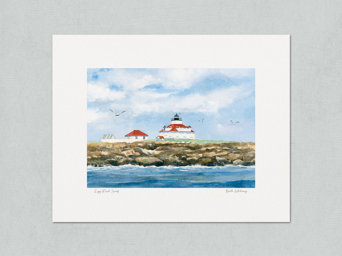 Unmatted archival watercolor print of Egg Rock Light and surf, Bar Harbor, Maine, on gray background.