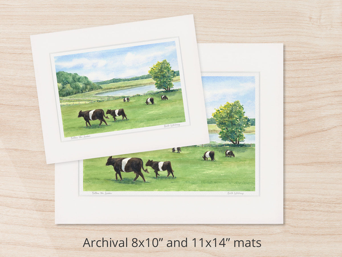 Archival watercolor prints of Follow the Leader, Aldermere Farm, Rockport, Maine, shown in 8x10 and 11x14 mat sizes.