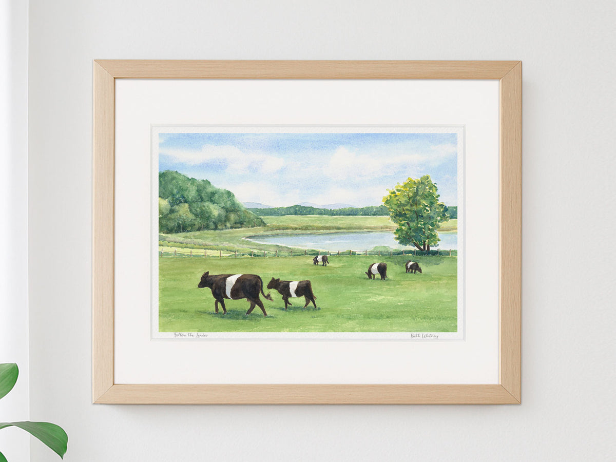 Framed watercolor print of Follow the Leader, Aldermere Farm, Rockport, in a warm wood frame on a neutral wall.