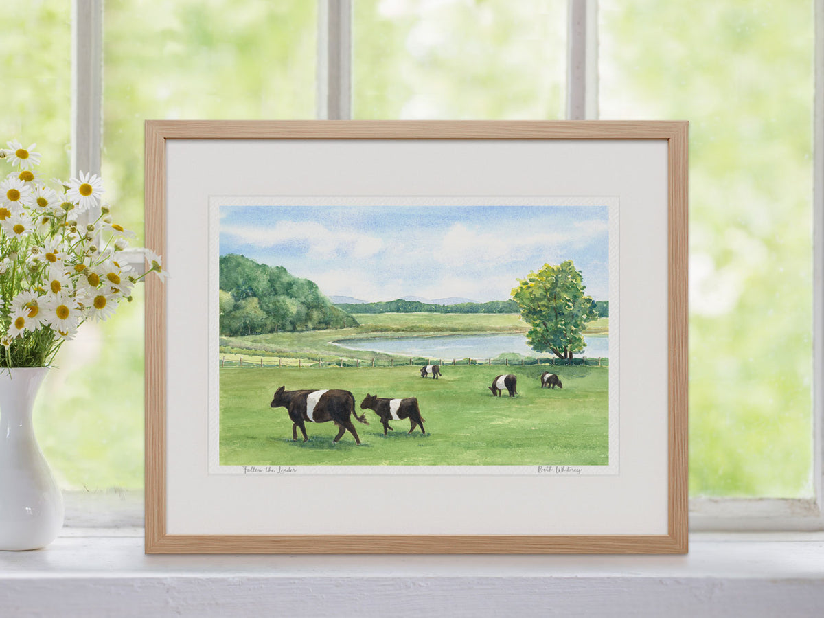 Framed watercolor print of Follow the Leader, Aldermere Farm, in a warm wood frame with flower styling.