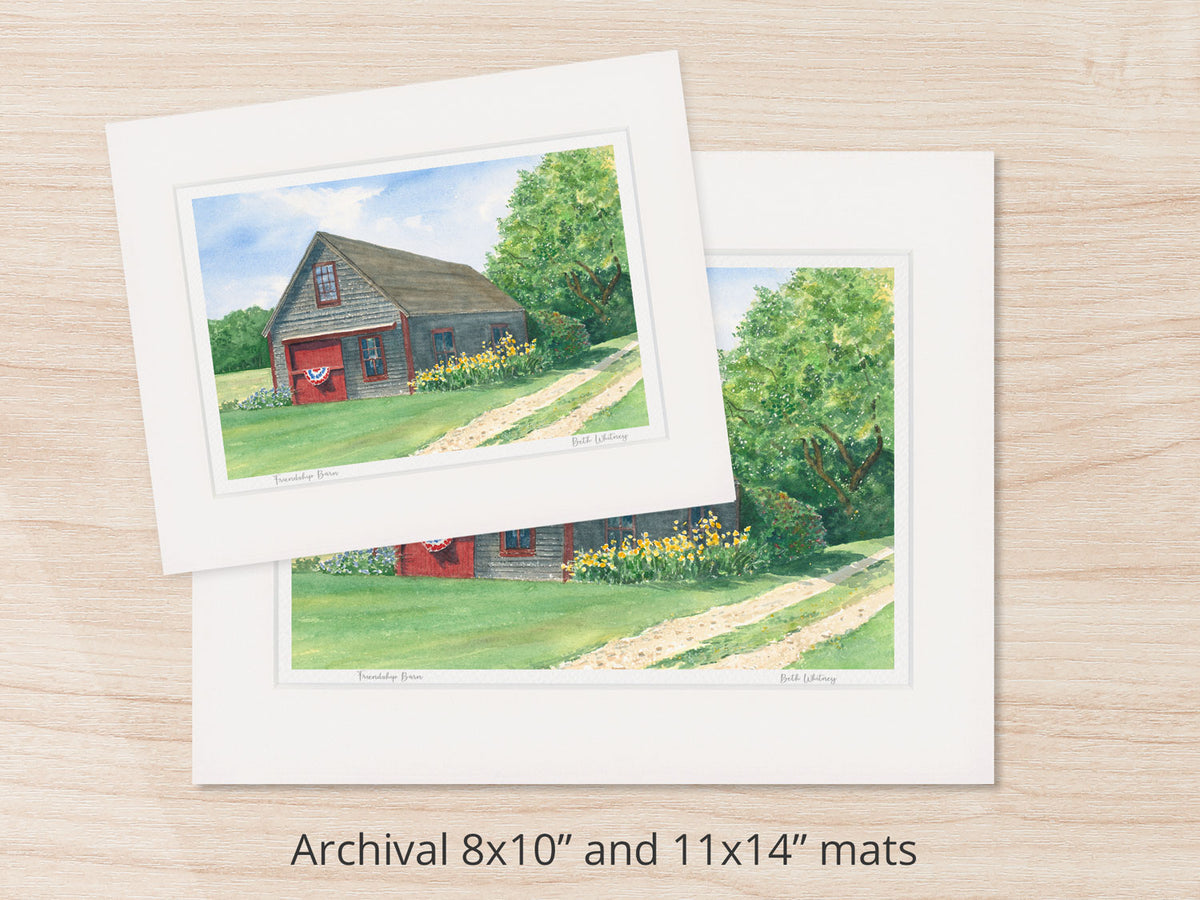 Archival watercolor prints of Friendship Barn, Friendship, Maine, shown in 8x10 and 11x14 mat sizes.