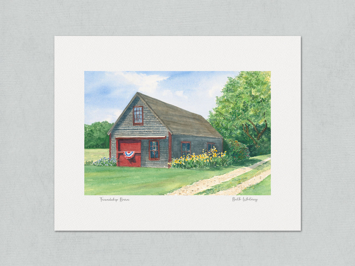 Unmatted archival watercolor print of Friendship Barn, Friendship, Maine, on gray background.