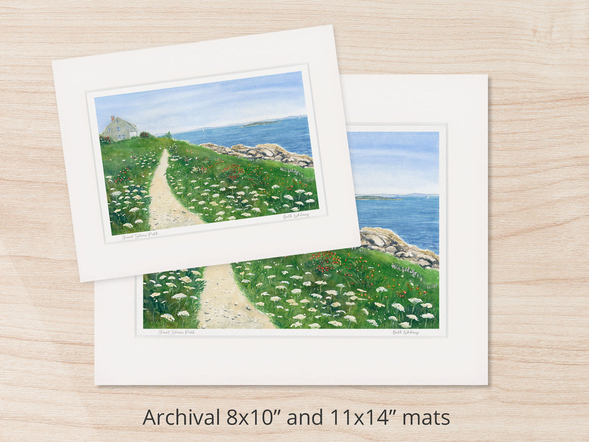 Archival watercolor prints of Giant Stairs Path, Bailey Island, Maine, shown in 8x10 and 11x14 mat sizes.
