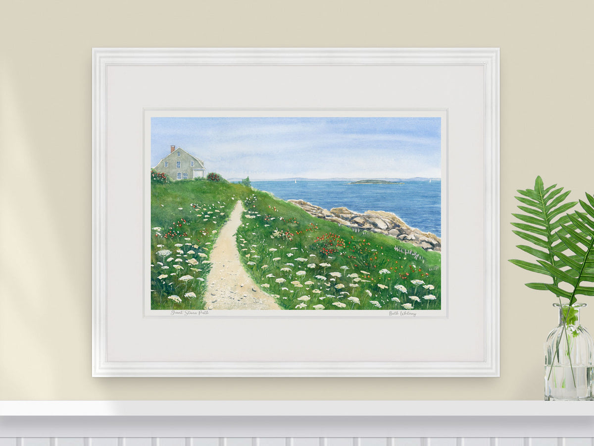 Framed watercolor print of Giant Stairs Path, Bailey Island, in a white frame with fern styling.