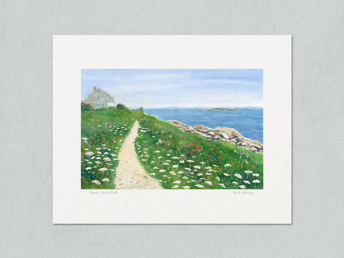 Unmatted archival watercolor print of Giant Stairs Path, Bailey Island, Harpswell, Maine, on gray background.