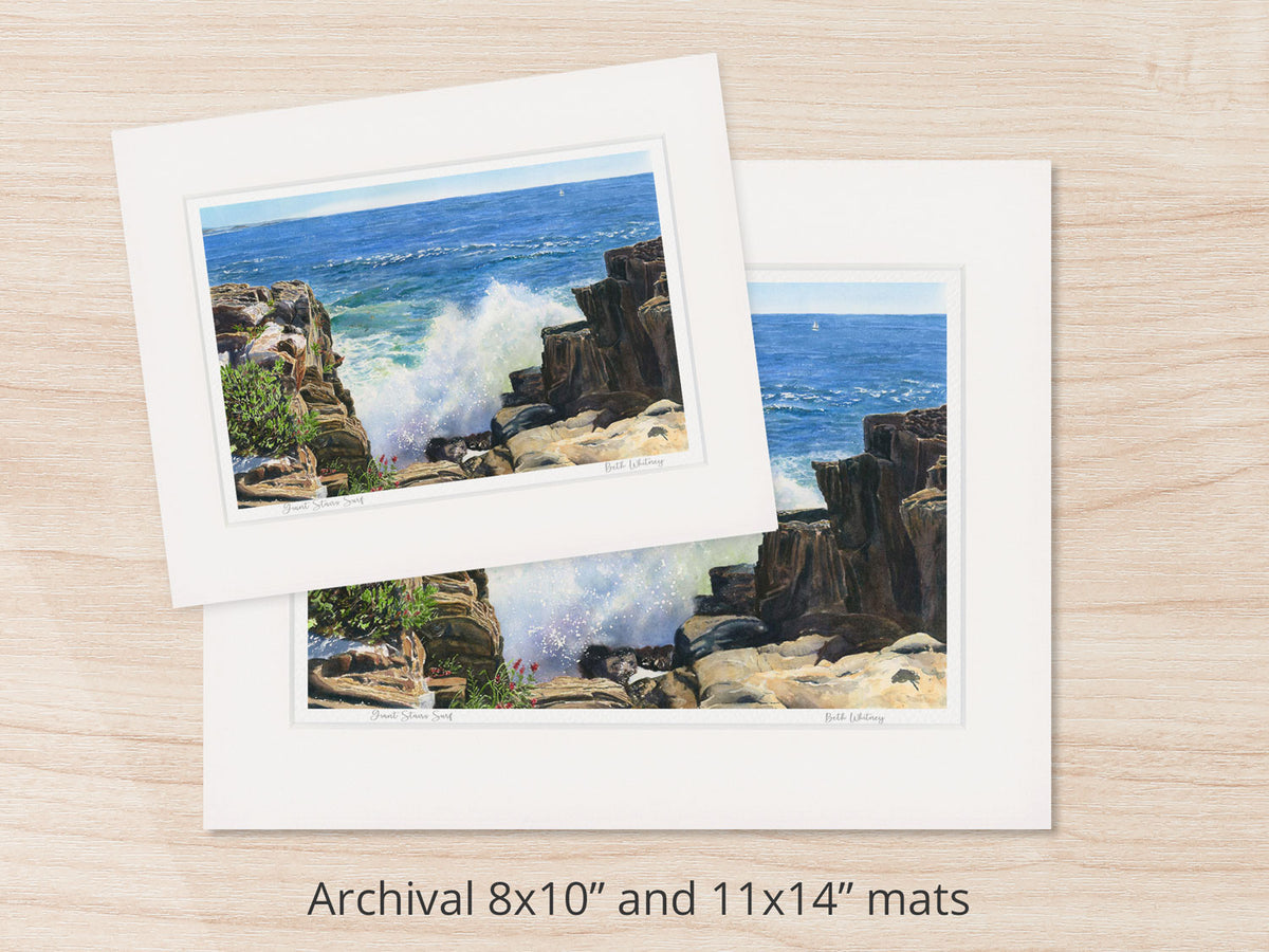 Archival watercolor prints of Giant Stairs Surf, Bailey Island, Maine, shown in 8x10 and 11x14 mat sizes.
