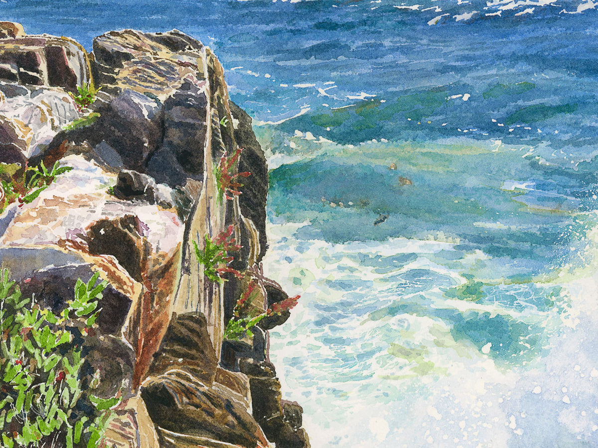 Close-up detail of original watercolor painting of Giant Stairs Surf, showing the purple and green wave and rocky shore.
