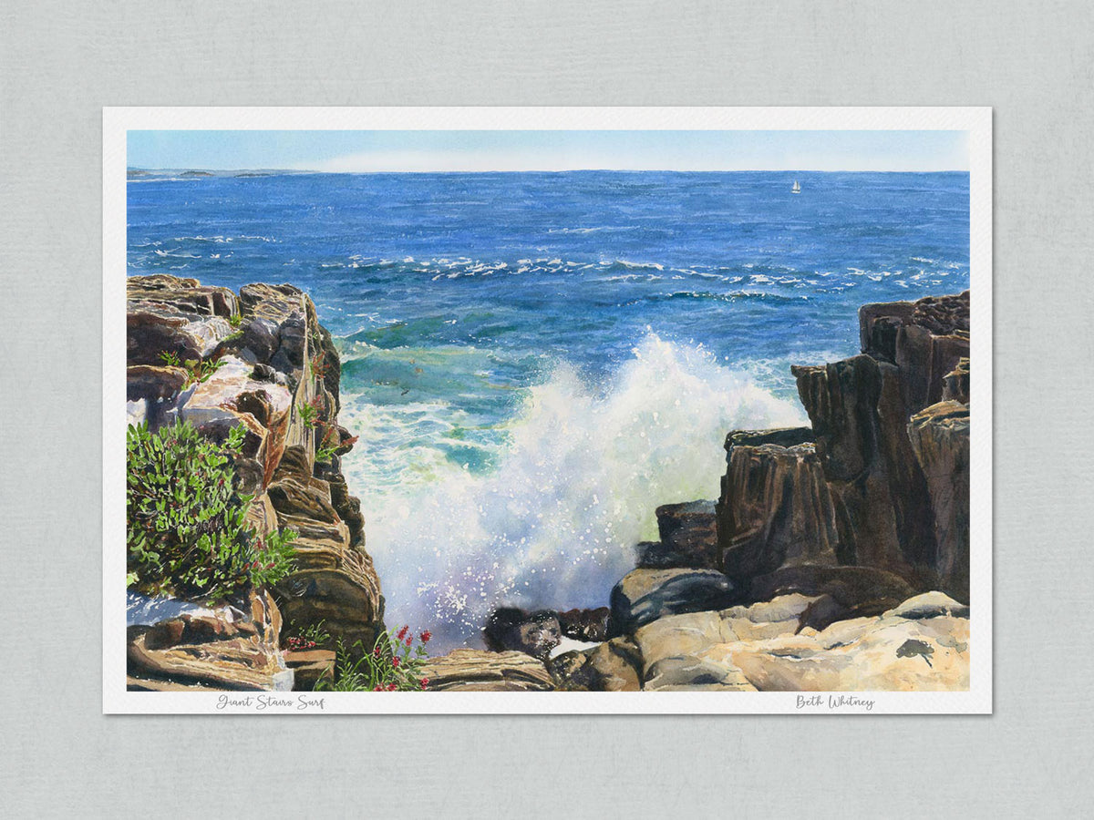 Unmatted archival watercolor print of Giant Stairs Surf, Bailey Island, Harpswell, Maine, on gray background.