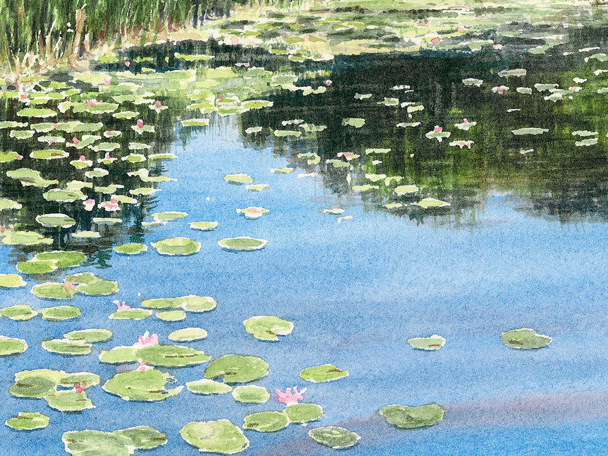 Close-up detail of the watercolor painting ‚Gilsland Farm Pond, depicting lily pads and reflections.