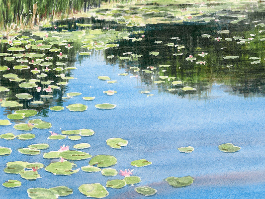 Close-up detail of the watercolor painting ‚Gilsland Farm Pond, depicting lily pads and reflections.