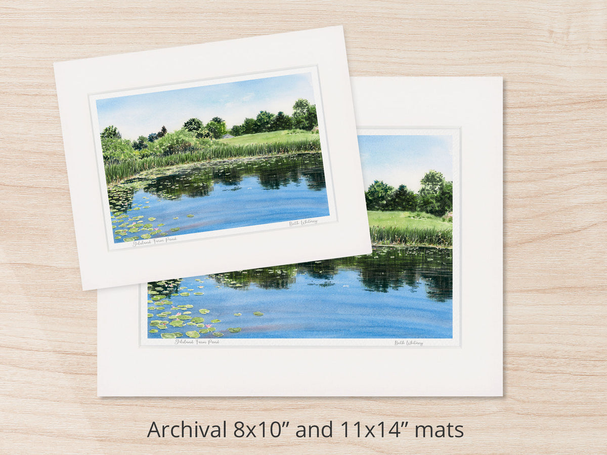 Archival watercolor prints of Gilsland Farm Pond, Falmouth, Maine, shown in 8x10 and 11x14 mat sizes.
