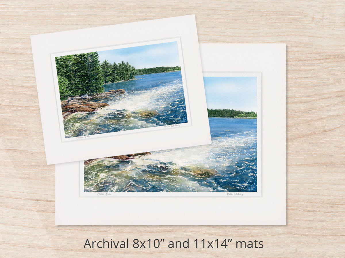 Archival watercolor prints of Goose Falls, Harborside, Maine, shown in 8x10 and 11x14 mat sizes.