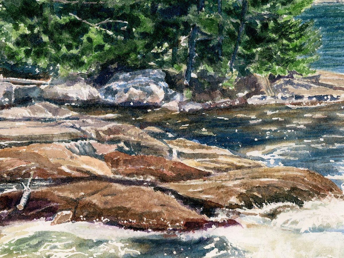Close-up detail of original watercolor painting of Goose Falls, showing rushing water, foam, and rocky shoreline.