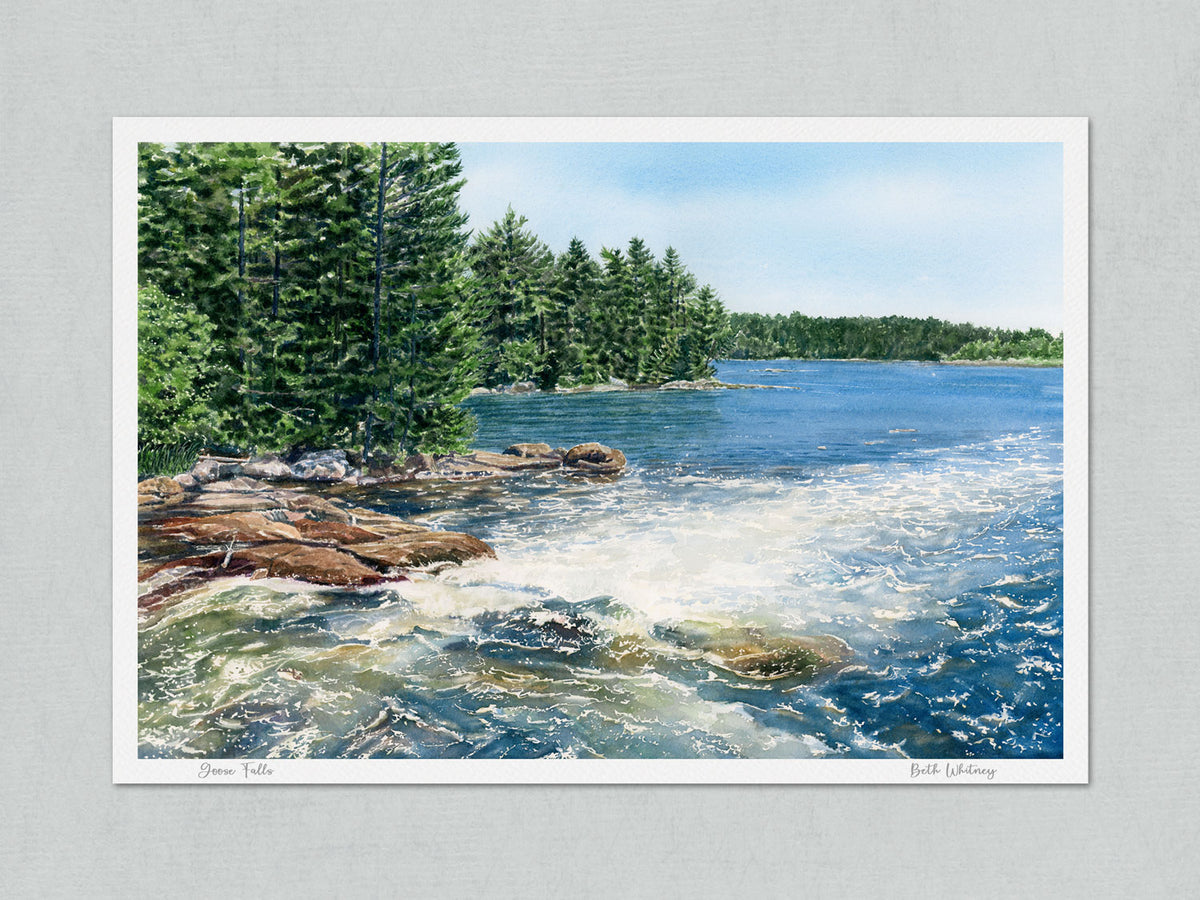 Unmatted archival watercolor print of Goose Falls tidal waterfall, Harborside, Maine, on gray background.